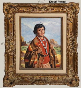 Portrait Of Native American, Navajo Oil On Board Painting Signed By Ken Freeman: Portrait Of Native American, Navajo Oil On Board Painting Signed By Ken Freeman. Certified by National Heritage National Of Fine Art, Beverly Hills, CA. 15 1/4" x 18" \ Canvas: 9" x 12"