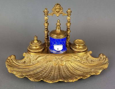 19th C. French Large Bronze & Porcelain Inkwell: 19th C. French Large Bronze & Porcelain Inkwell. Measures H: 8 3/4" W: 16"