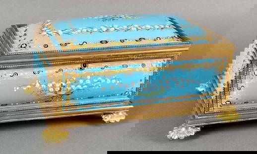 French Enamel and Bronze Hand painted Jewelry Box: French Enamel and Bronze Hand painted Jewelry Box. Measures H: 4 3/4" W: 9 1/4"