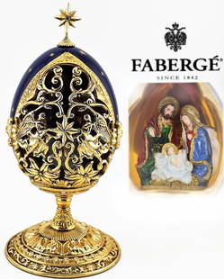 Faberge Imperial 24 Carat Gold PLated 'King Is Born' Collector's Egg: Faberge Imperial 24 Carat Gold PLated 'King Is Born' Collector's Egg. H: 7 1/4" with the stand \ The egg: W 3"