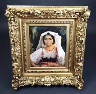 Large KPM Plaque of a Maiden w/ Wine Leafs Circa 1890: Large KPM Plaque of a Maiden w/ Wine Leafs Circa 1890. The frame measures 22" x 20" and the plaque measures 11 1/2" x 10 1/2"