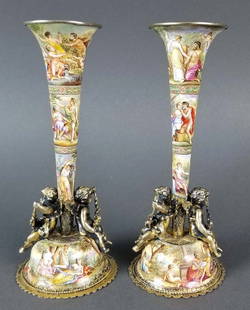 Pair of 19th C. Viennese/ Austrian Enamel on Silver: Pair of 19th C. Viennese/ Austrian Enamel on Silver Trumpet Vases. They measure H: 6 1/4" W: 2 1/2"