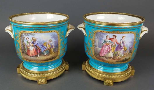 Pair of 19th C. Sevres Turquoise Blue Jardinieres: Pair of 19th C. French Sevres Turquoise Blue Jardinieres. They measure H: 8 1/4" W: 10"
