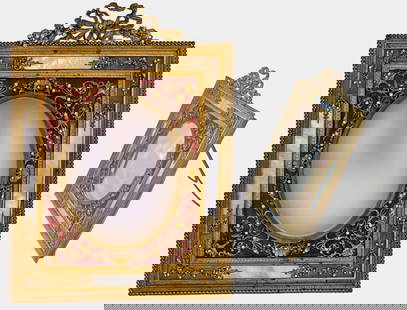 19th C. French Enamel Gilt Bronze Photo Frame: 19th C. French Enamel Gilt Bronze Photo Frame. Standing: H 9 1/2" \ W 8" x L 10 1/2"