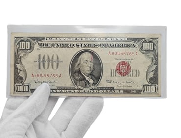 Red Seal 1966 New York Federal Reserve Banknote, United States $100 Benjamin Fraklin Series