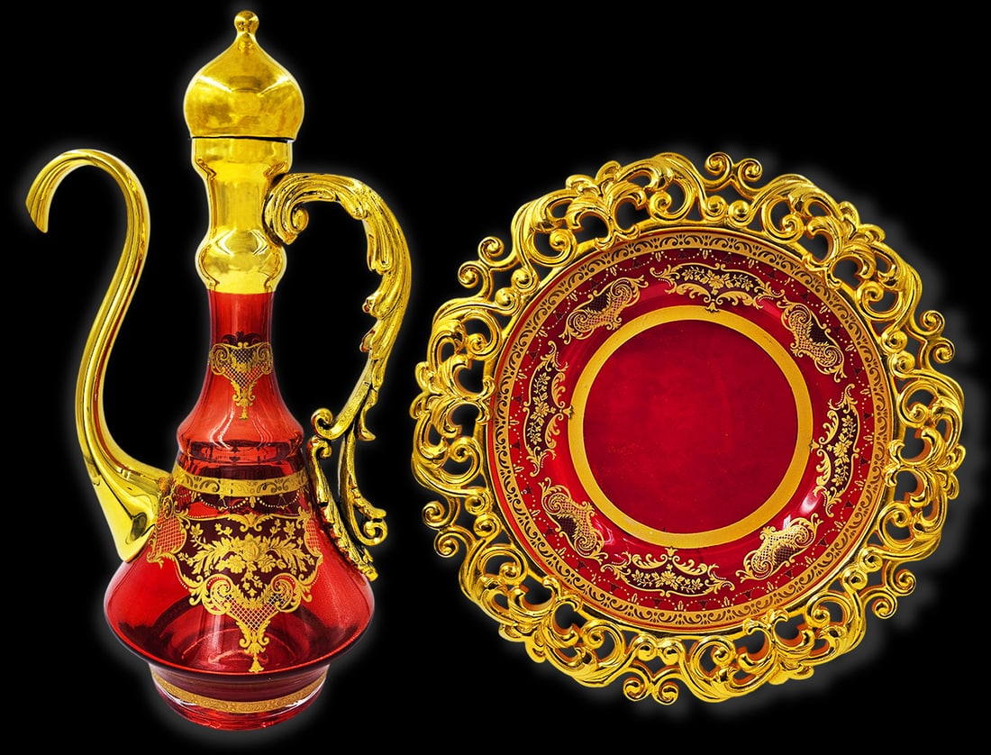 Handmade Gold Plated Ruby Red Crystal Set: Handmade Gold Plated Ruby Red Crystal Set. Plate: H 1 1/2" x D 16" \ Pot: H 18" x W 7"