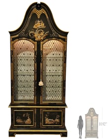Very Large Chinoiserie Hand Painted & Black Lacquer / Giltwood Vitrine Cabinet