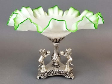 Green Opaline Glass and Silverplated Centerpiece