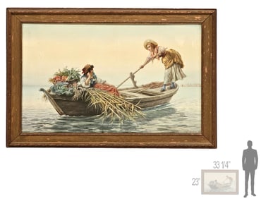 19th C. Italian (1856-1926) Pietro Garbini Watercolor Painting 'The Floating Vegetable Sellers' Sign