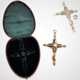 18k Gold Vintage Cross with Multicolor Semiprecious Gemstones