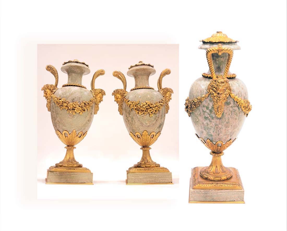 Pair Of 19th C. Mounted Figural Bronze Marble Urns: Pair Of 19th C. Mounted Figural Bronze Marble Urns. H 17.5" x L 9"