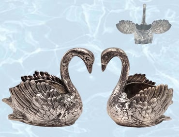 Pair Of 19th C. German Sterling Silver(170g) Swans With Hinged Wings