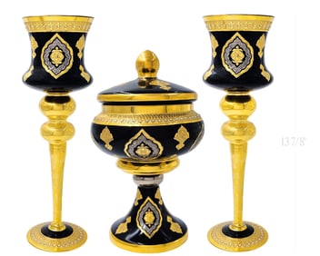 Enameled Black Cobalt Porcelain Gilded & Jeweled Centerpiece With Pair Of Vases