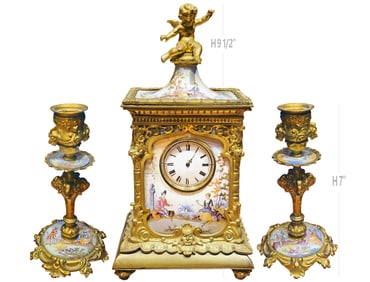 Viennese Enamel & Bronze Clockset