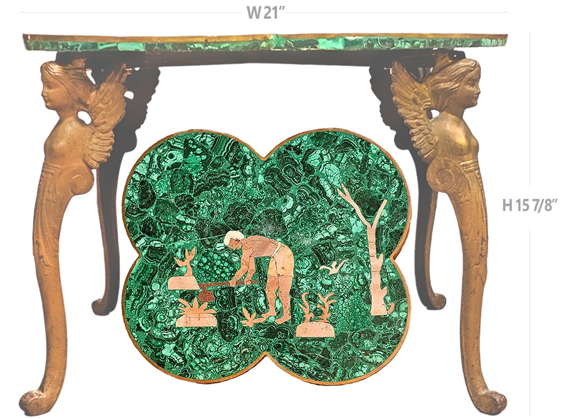 19th C. Empire Malachite Figural Bronze Side Table: 19th C. Empire Malachite Figural Bronze Side Table. H 15 7/8" x W 21"