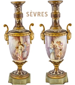 19th C. Bronze Mounted Figural French Hand Painted Sevres Baroque Urns, Signed