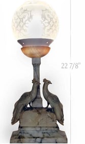 Hand Carved Art Deco Era Marble & Glass Shade Table Lamp