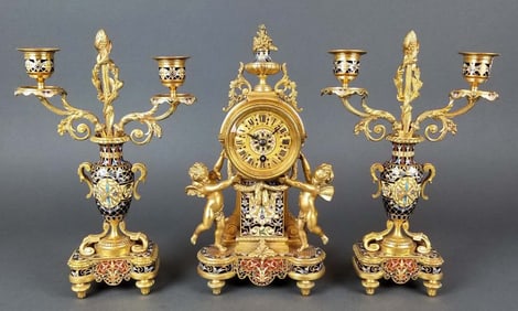 Exceptional French Champleve Enamel Figural Clockset