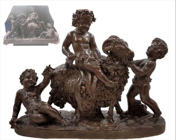 Signed 19th C. Terracotta Group of Cherubs & Ram