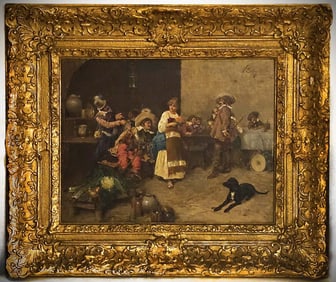 Late 19th C. 'Pub Scene' Oil On Canvas Painting, Signed