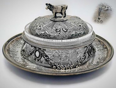 19th C. Lidded Cow Figural Walker & Hall Candy Dish With Cut Crystal