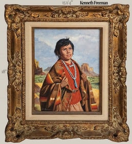 Portrait Of Native American, Navajo Oil On Board Painting Signed By Ken Freeman