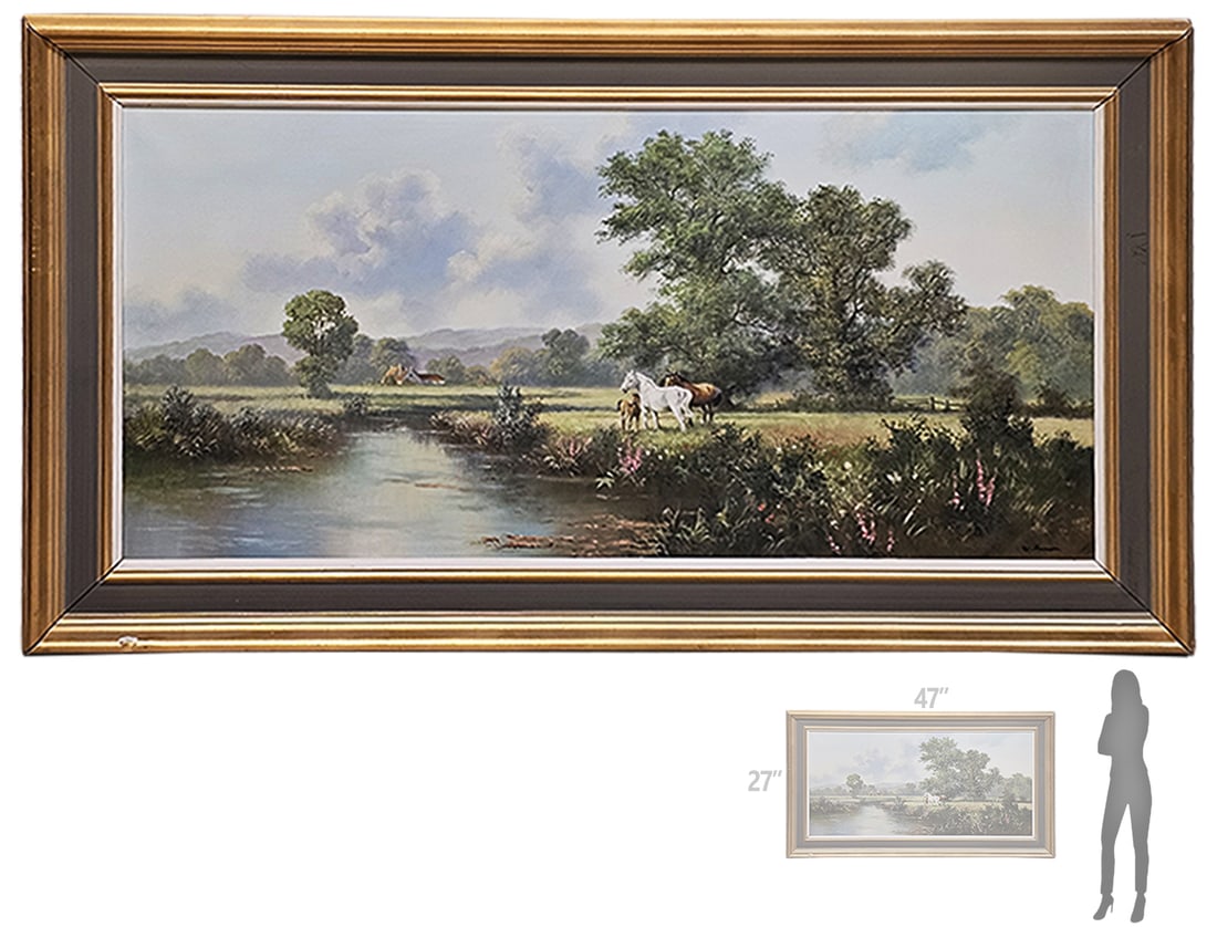 Large Oil On Canvas Horses By The Pond Panting, Signed (1 of 8)