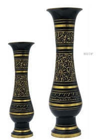 Pair Of Vintage Black & Gold Hand Carved Brass Floral Vases