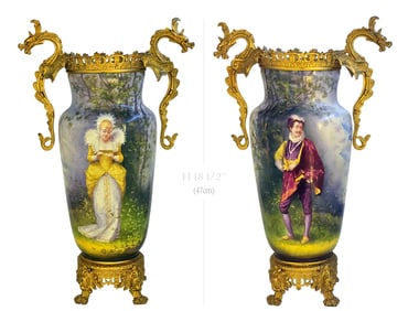 Pair Of 19th C. French Hand Painted Sevres Style Mounted Figural Dragon Handle Bronze Vases, Signed
