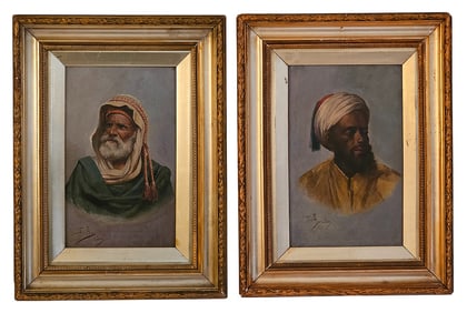 Pair Of 19th C. Orientalist 'Moorish Men' Oil On Wood Portrait Paintings, Signed