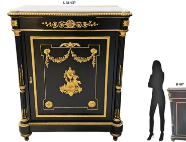 19th C. Ebony Cabinet Bronze Mounted With Marble Top