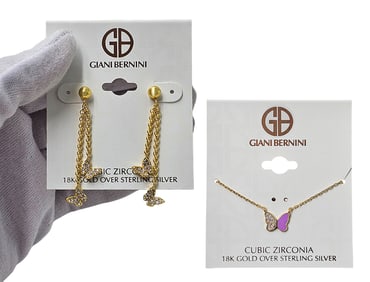 Lot Of Two 18K Gold Plated Sterling Silver Butterfly Earrings & Necklace