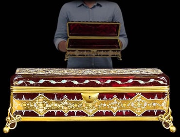 19th C. Antique Bohemian Cranberry Enameled Casket Box