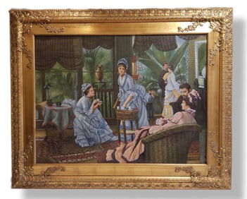 Oil On Canvas Painting An Elegant British Tea Party, Signed