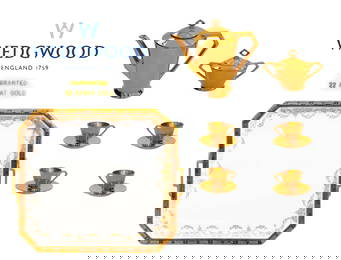 Wedgwood Mid C. Porcelain Tray Paired With 6Pcs 22K Gold Plated Coffee Set