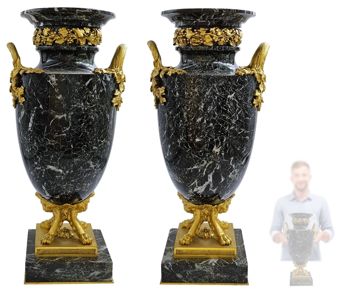 19th Century Pair of Figural Ormolu Mounted Marble Urns: 19th Century Pair of Figural Ormolu Mounted Marble Urns. H 16" x W 7 1/2"