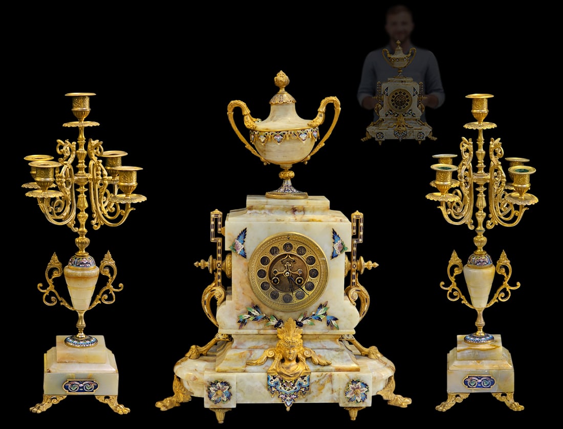 19th C. Large Barbedienne French Onyx Chmpleve Clock Set: 19th C. Large French Onyx Chmpleve Clock Set. Clock: H 23" x W 7" x L 18" \ Candelabras: H 21 1/4" x W 8"