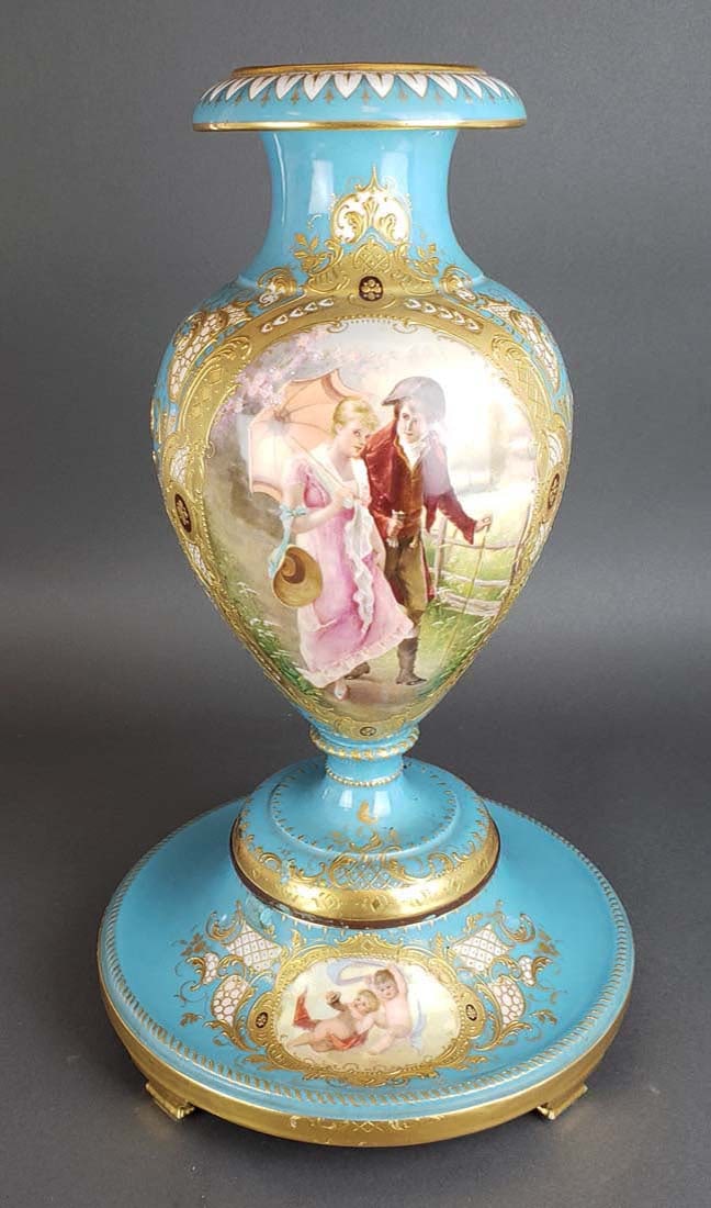 Large Royal Vienna Porcelain Vase on Base: Large Royal Vienna Porcelain Vase on Base. Measures H: 18 1/4" on base and W: 11"