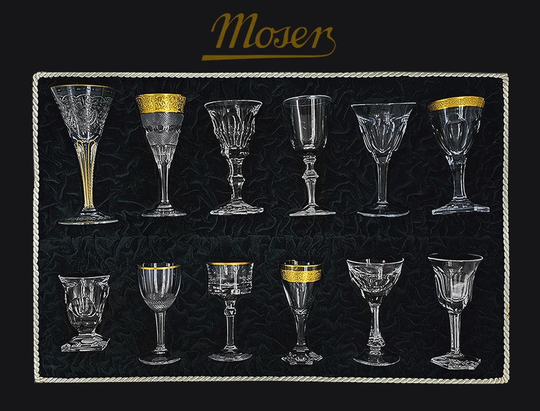 Early 20th C. Moser Crystal Liqueur Glasses In Luxury Case, Twelve-Pieces: Early 20th C. Moser Crystal Liqueur Glasses In Luxury Case, Twelve-Pieces. Dimensions from H 5 1/2" x W 2 1/2" - H 3" x W 2" \ Case: H 4" x W 13" x L 20"