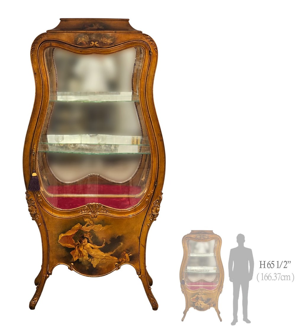19th Century French Hand Painted Vernis Martin Vitrine: 19th Century French Hand Painted Vernis Martin Vitrine. H 65 1/2" x W 17" x L 32"