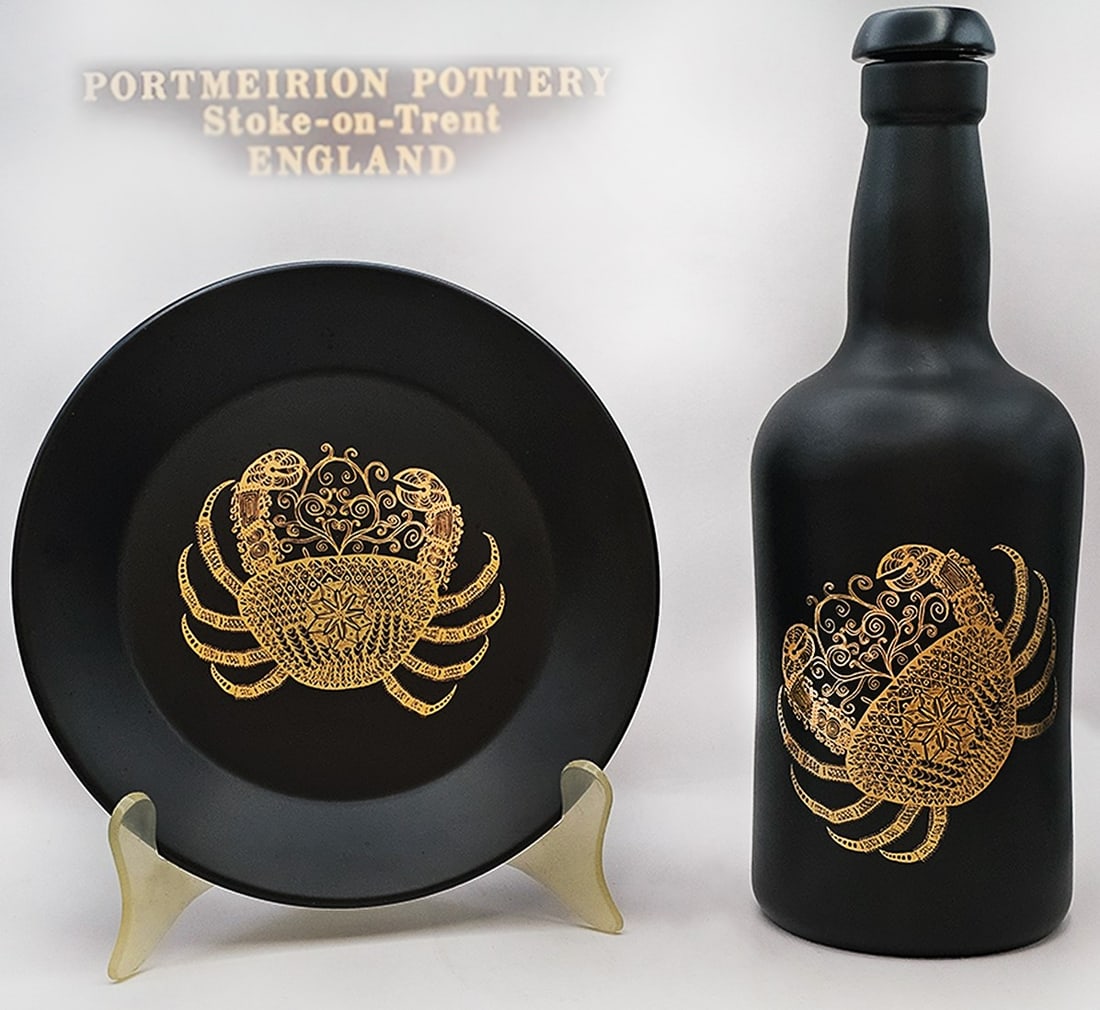Stoke-On-Trent England, Portmeirion Pottery Custom Zodiac Decanter Set: Stoke-On-Trent England, Portmeirion Pottery Custom Zodiac Decanter Set. Decanter: H 10" x W 3 1/2" x L 4 1/2" \ Plate: H 1" x D 7"