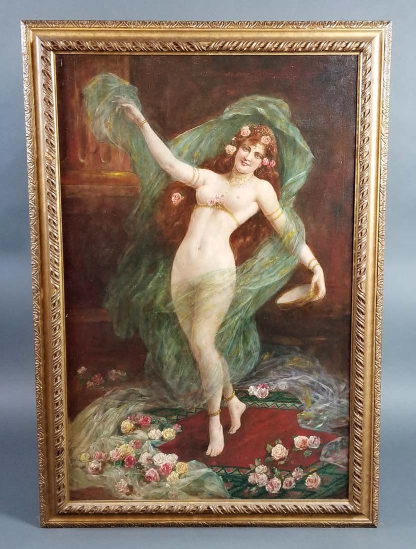 19th C. Orientalist Painting of Nude Maiden Signed,: 19th C. Orientalist Painting of Nude Maiden Signed, Italian. The frame measures 47" x 32" and the painting itself measures 40 1/2" x 26"