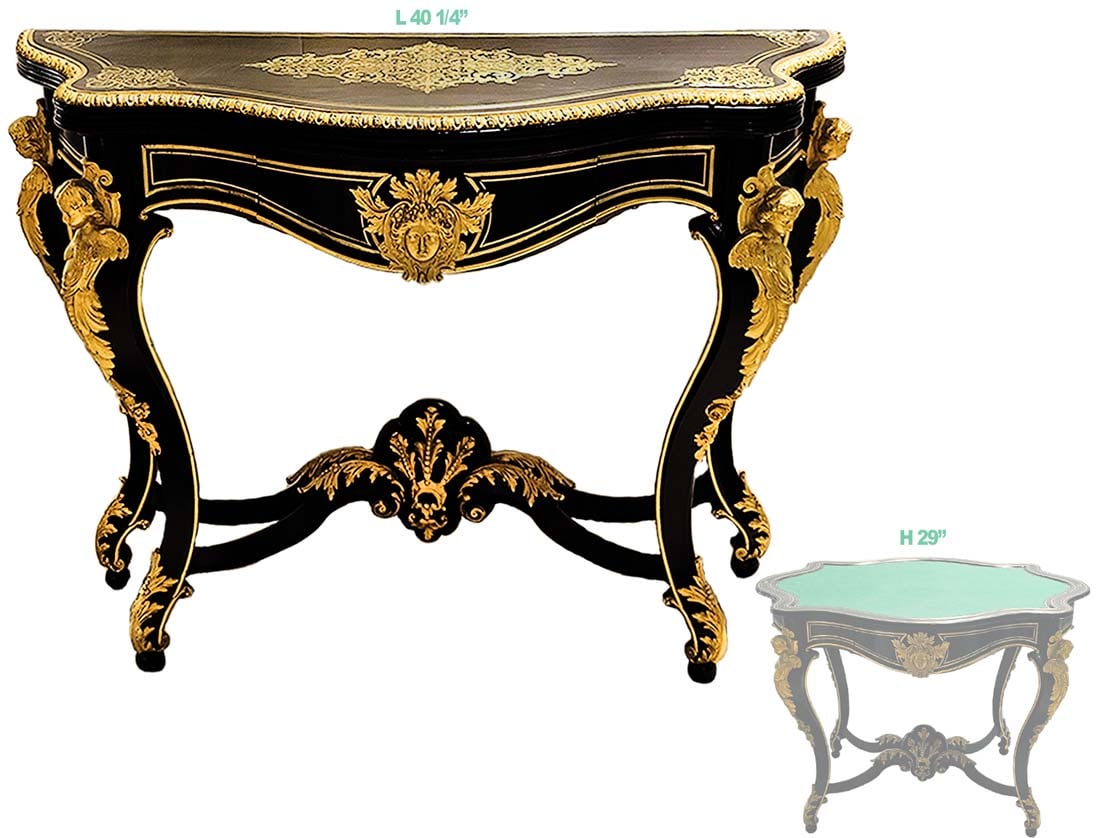 French Louis XV Style Bronze Mounted Figural Ormolu Game Table / Desk: French Louis XV Style Bronze Mounted Figural Ormolu Game Table / Desk. H 29" x L 40 1/4" \ Folded: W 17"