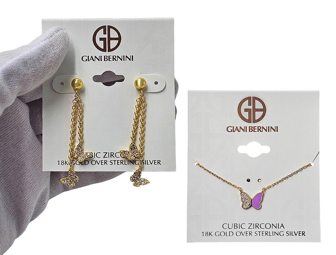 Lot Of Two 18K Gold Plated Sterling Silver Butterfly Earrings & Necklace: Lot Of Two 18K Gold Plated Sterling Silver Butterfly Earrings & Necklace.