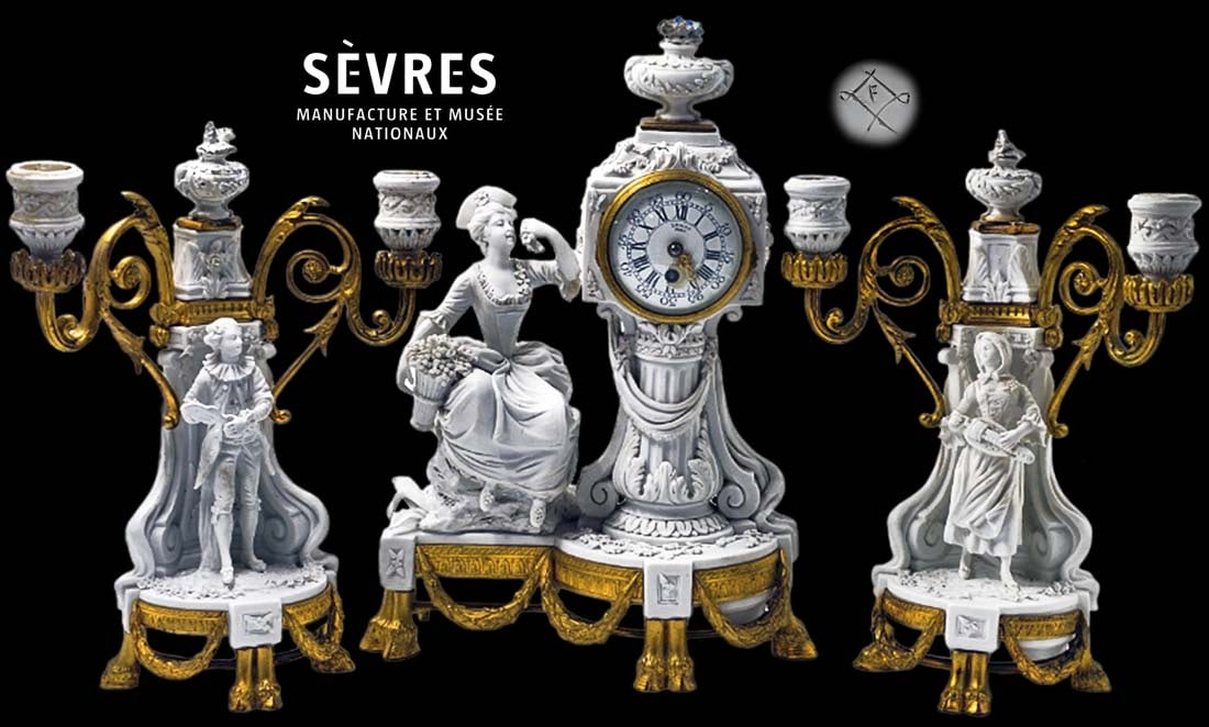 Signed 18th C. Sevres Neoclassical Bisque Porcelain Clock Set: Signed 18th C. Sevres Neoclassical Bisque Porcelain Clock Set. Clock: H 12 1/2" x W 5" x L 9" \ Candelabras: H 10 1/2" x W 4" x L 8"