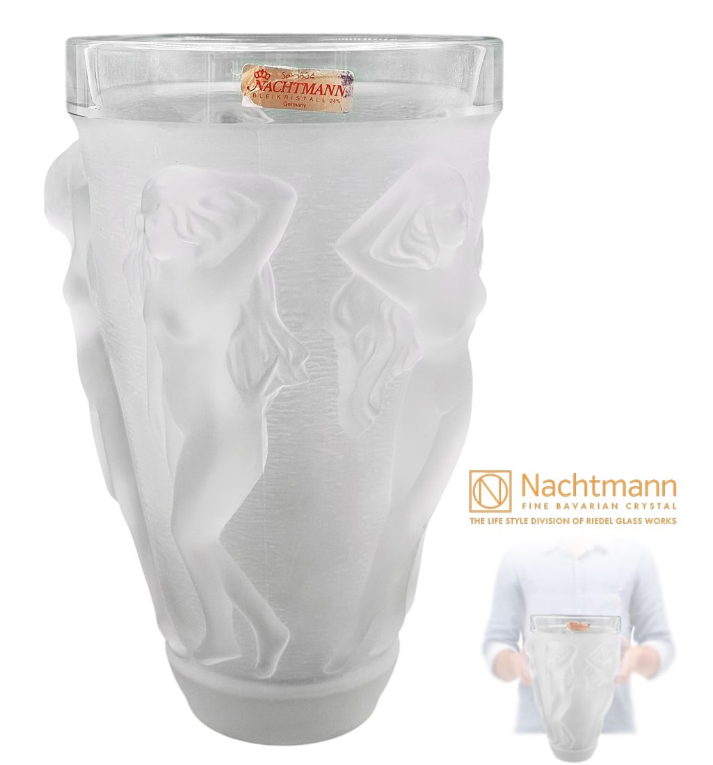 Large & Heavy German Nymphs Nachtmann Frosted Crystal Vase: Large & Heavy German Nymphs Nachtmann Frosted Crystal Vase. Bleach crystal 24%. H 10 1/2" x W 7"
