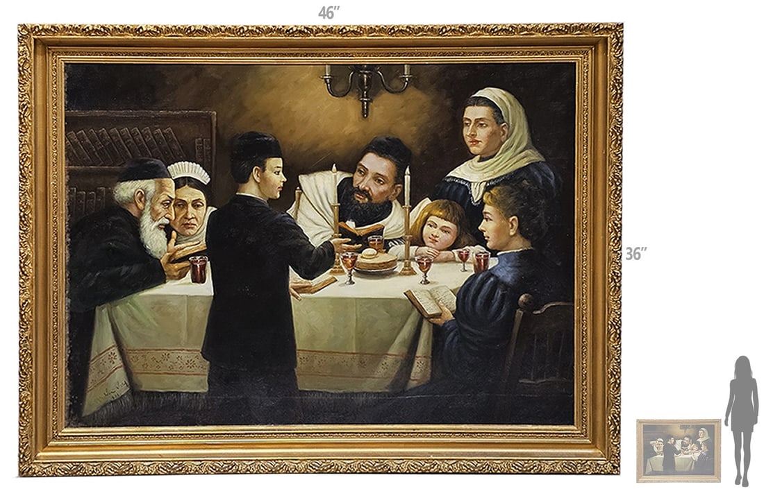 Large Oil On Canvas 'Sabbath Dinner' Judaica Painting, Signed (1 of 10)