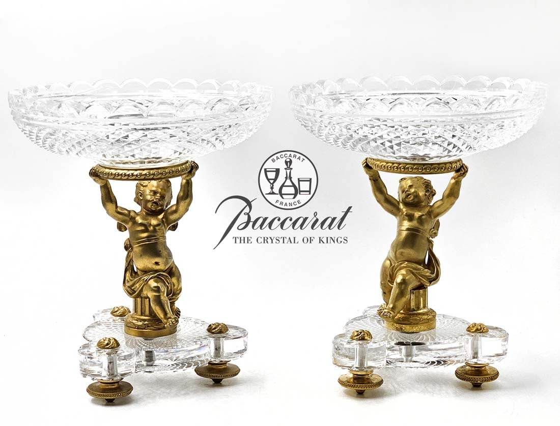 Pair Of 19th C. French Gilt Baccarat Figural Bronze With Baccarat Crystal Taza \ Centerpiece: Pair Of 19th C. French Gilt Baccarat Figural Bronze With Baccarat Crystal Taza \ Centerpiece. H 9" x W 7 1/2"