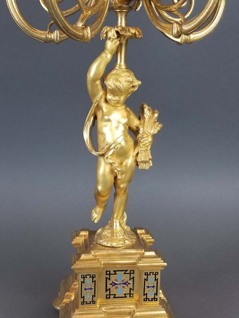 19th C. French Champleve Enamel Figural Clockset - 10