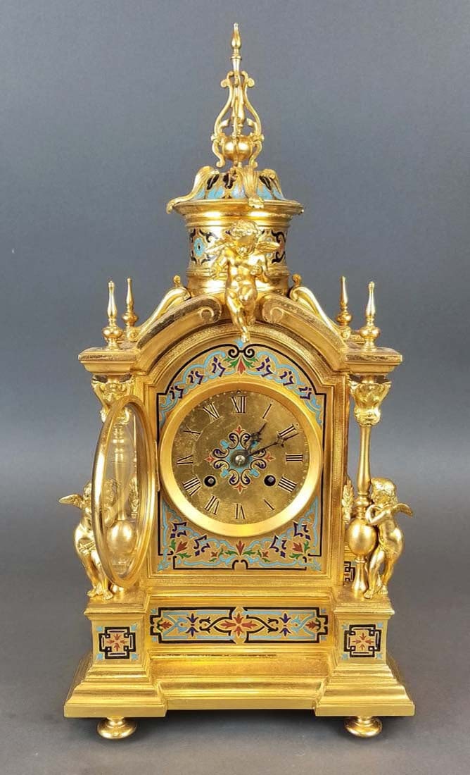 19th C. French Champleve Enamel Figural Clockset - 3